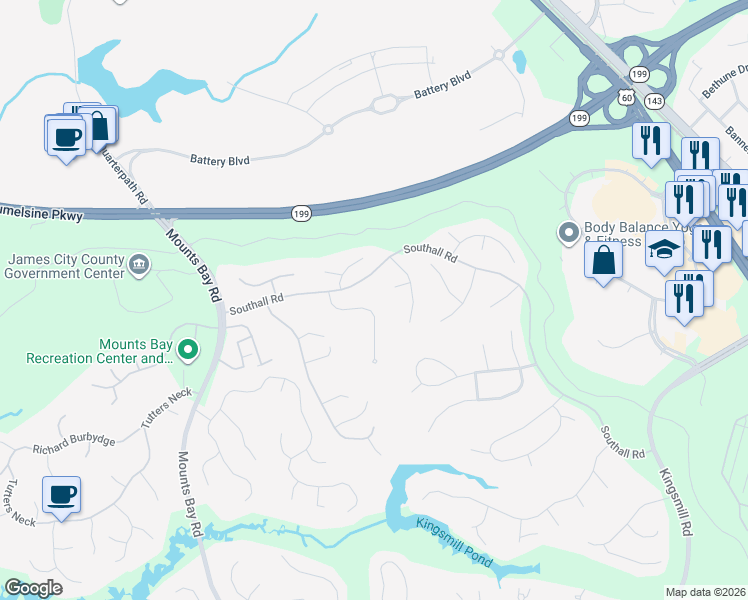 map of restaurants, bars, coffee shops, grocery stores, and more near 124 Holdsworth Road in Williamsburg