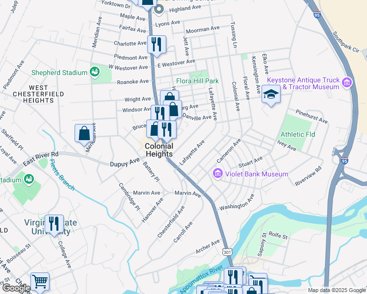 map of restaurants, bars, coffee shops, grocery stores, and more near 201 Lee Avenue in Colonial Heights