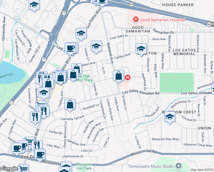 map of restaurants, bars, coffee shops, grocery stores, and more near 116 Loma Vista Court in Los Gatos