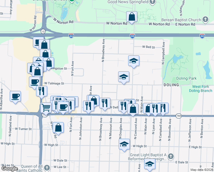 map of restaurants, bars, coffee shops, grocery stores, and more near 2534 North Broadway Avenue in Springfield