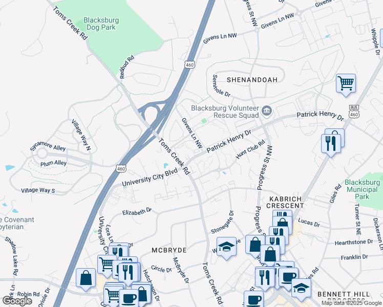 map of restaurants, bars, coffee shops, grocery stores, and more near 501 Sunridge Drive in Blacksburg
