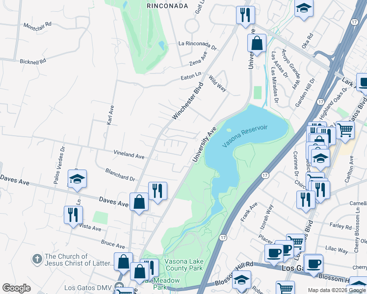 map of restaurants, bars, coffee shops, grocery stores, and more near 15400 Winchester Boulevard in Los Gatos
