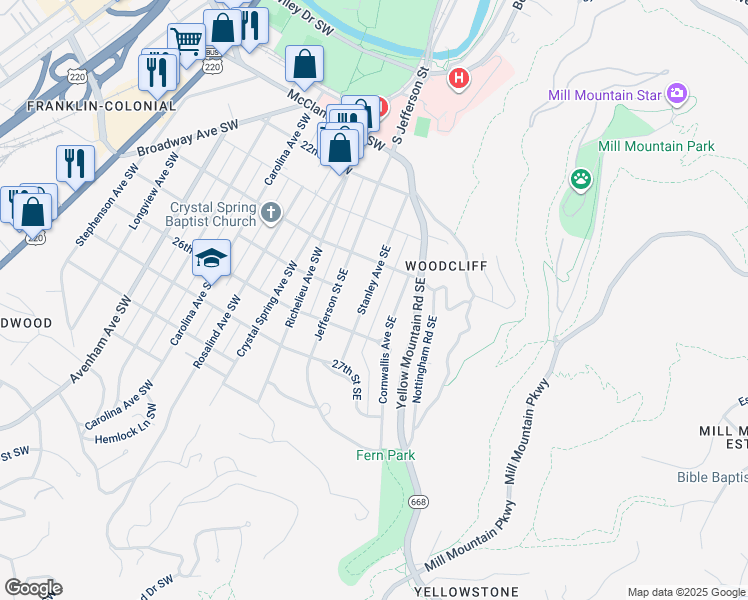 map of restaurants, bars, coffee shops, grocery stores, and more near 2436 Stanley Avenue Southeast in Roanoke