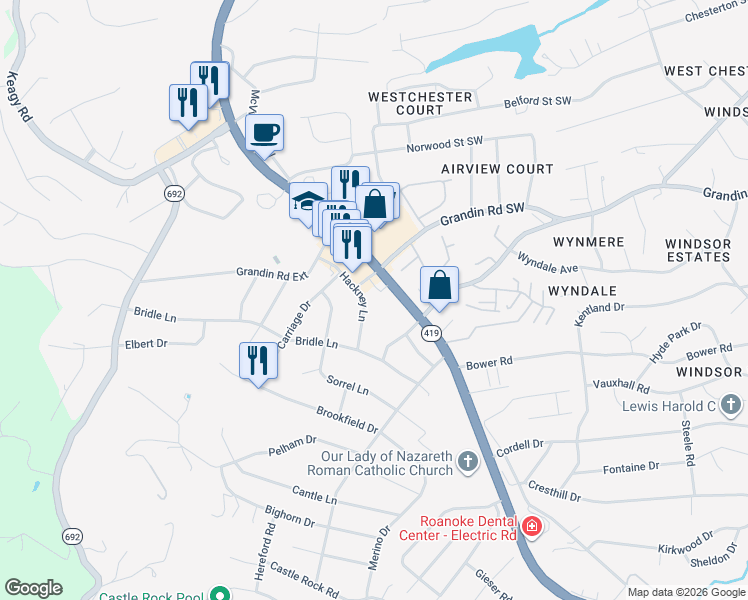map of restaurants, bars, coffee shops, grocery stores, and more near 2119 Electric Road Southwest in Cave Spring