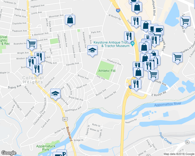 map of restaurants, bars, coffee shops, grocery stores, and more near 400 Ivey Avenue in Colonial Heights