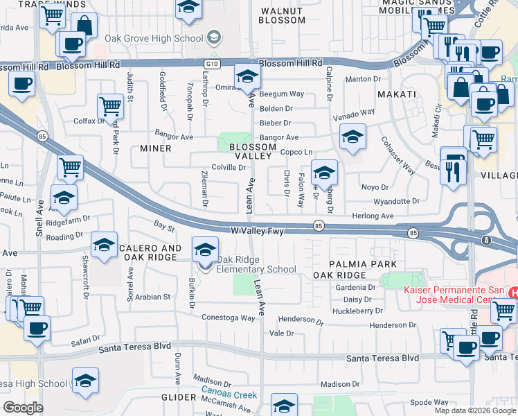 map of restaurants, bars, coffee shops, grocery stores, and more near 5888 Lean Way in San Jose