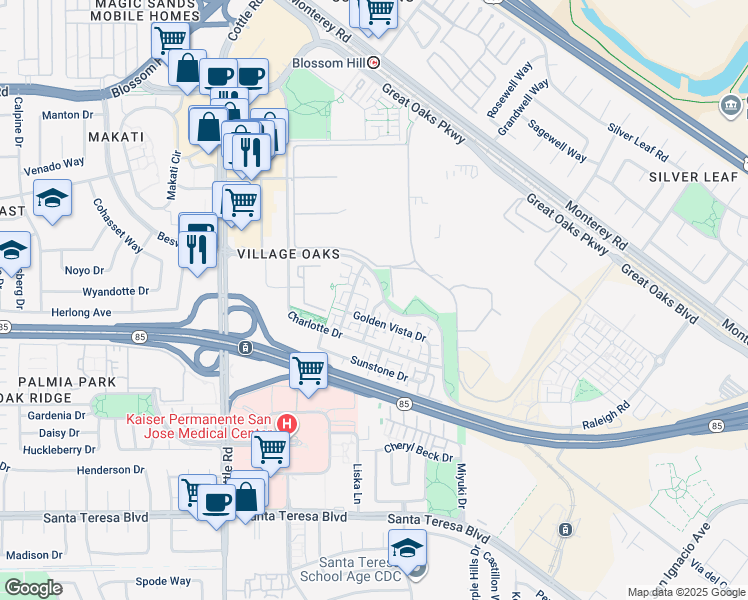 map of restaurants, bars, coffee shops, grocery stores, and more near 611 Avenue One Drive in San Jose