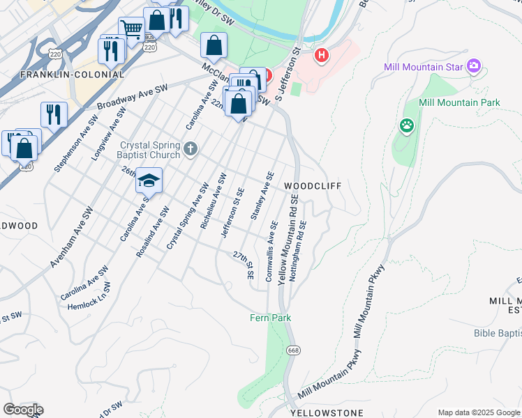 map of restaurants, bars, coffee shops, grocery stores, and more near 2436 Stanley Avenue Southeast in Roanoke