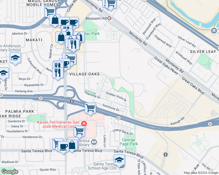 map of restaurants, bars, coffee shops, grocery stores, and more near 611 Avenue One Drive in San Jose