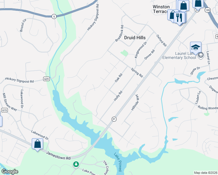 map of restaurants, bars, coffee shops, grocery stores, and more near 114 West Kingswood Drive in Williamsburg