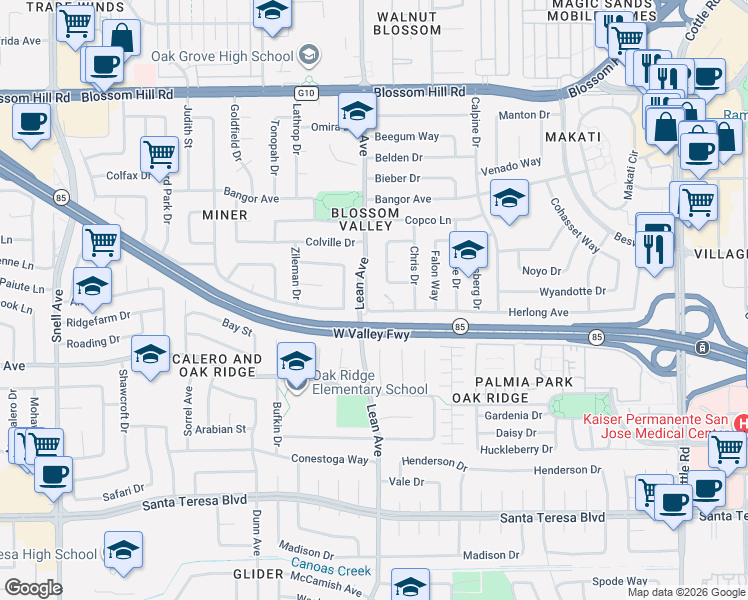 map of restaurants, bars, coffee shops, grocery stores, and more near 5868 Rohn Way in San Jose