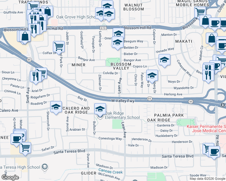 map of restaurants, bars, coffee shops, grocery stores, and more near 5862 Paddon Circle in San Jose