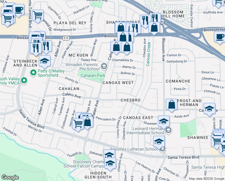 map of restaurants, bars, coffee shops, grocery stores, and more near 5837 Montevino Drive in San Jose
