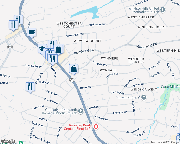 map of restaurants, bars, coffee shops, grocery stores, and more near 4627 Roxbury Lane in Cave Spring