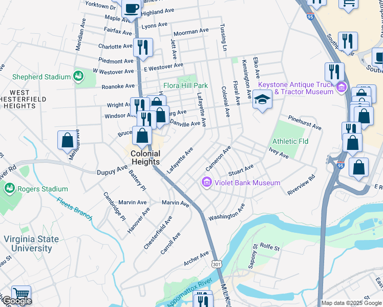 map of restaurants, bars, coffee shops, grocery stores, and more near 227 Lafayette Avenue in Colonial Heights