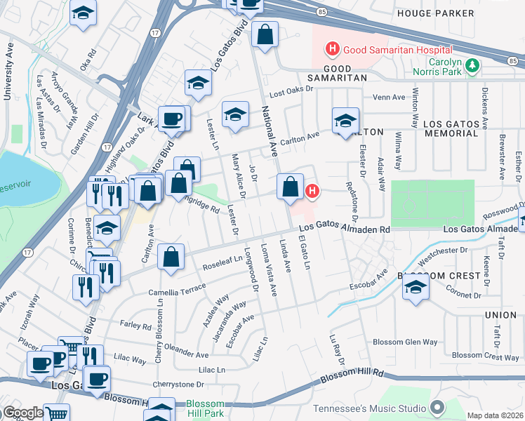 map of restaurants, bars, coffee shops, grocery stores, and more near 116 Loma Vista Court in Los Gatos