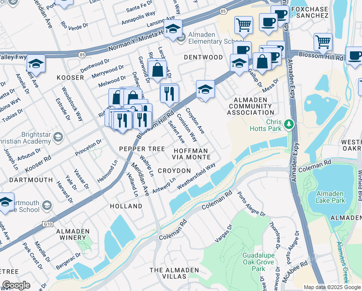 map of restaurants, bars, coffee shops, grocery stores, and more near 5693 Seifert Avenue in San Jose