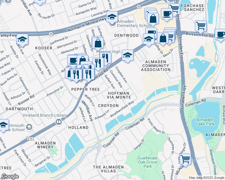 map of restaurants, bars, coffee shops, grocery stores, and more near 5693 Seifert Avenue in San Jose