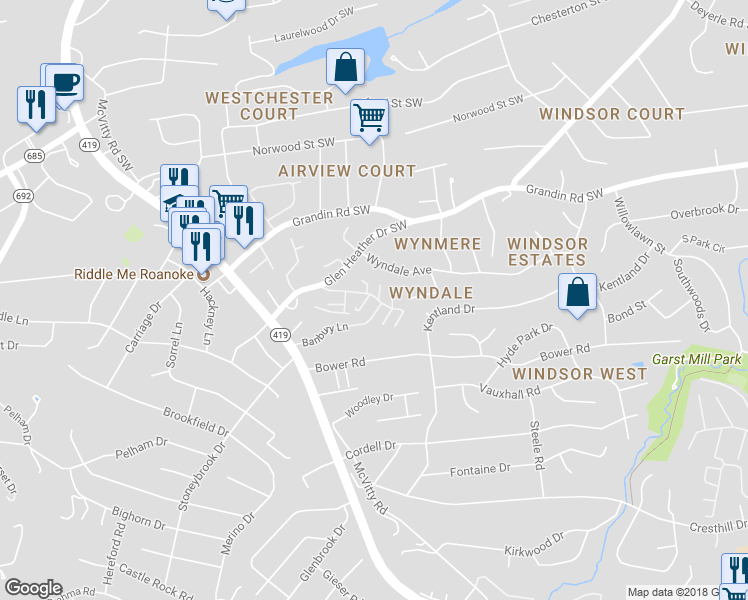 map of restaurants, bars, coffee shops, grocery stores, and more near 4604 Dyer Court in Roanoke