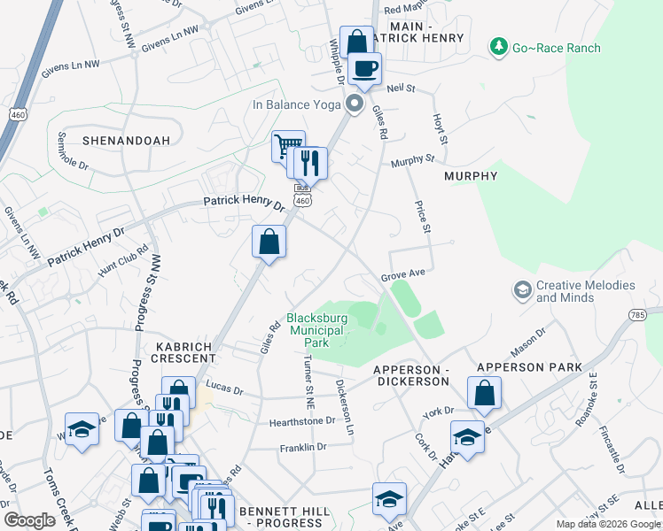 map of restaurants, bars, coffee shops, grocery stores, and more near 807 Patrick Henry Dr in Blacksburg