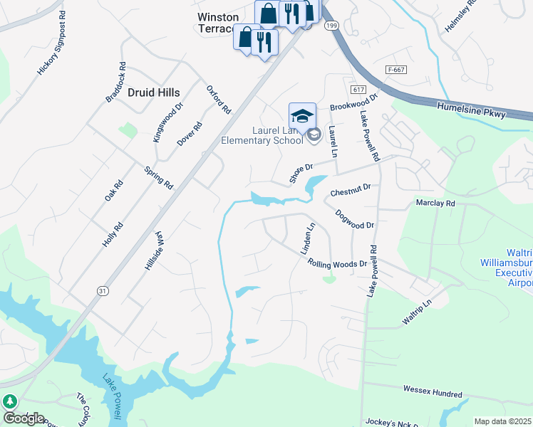 map of restaurants, bars, coffee shops, grocery stores, and more near 2876 Hidden Lake Drive in Williamsburg