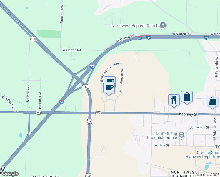 map of restaurants, bars, coffee shops, grocery stores, and more near 2540 North Airport Plaza Avenue in Springfield