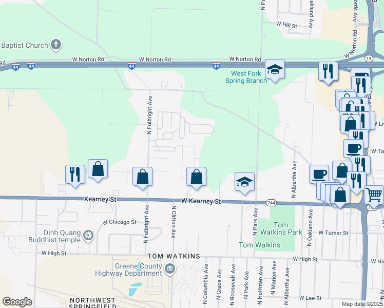 map of restaurants, bars, coffee shops, grocery stores, and more near 2523 W Talmage St in Springfield