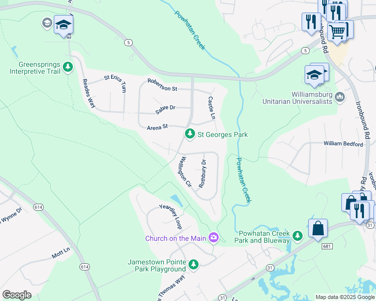 map of restaurants, bars, coffee shops, grocery stores, and more near 103 Wellington Circle in Williamsburg