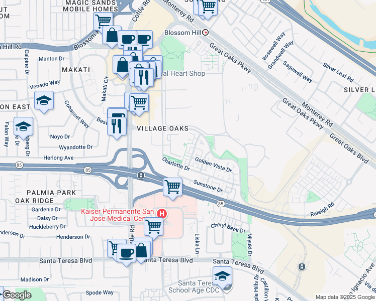 map of restaurants, bars, coffee shops, grocery stores, and more near 5886 Smoky Quartz Loop in San Jose