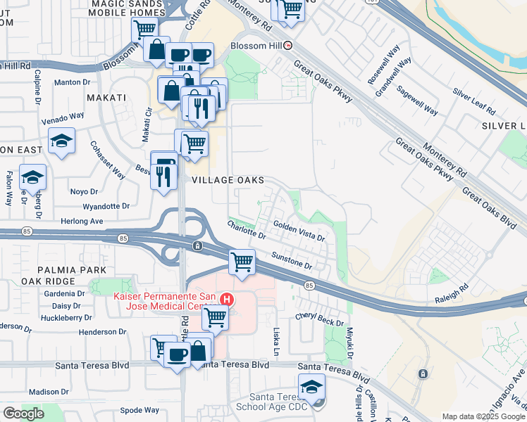 map of restaurants, bars, coffee shops, grocery stores, and more near 5886 Smoky Quartz Loop in San Jose