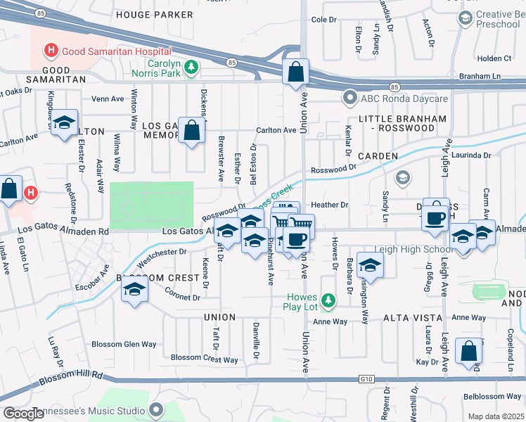 map of restaurants, bars, coffee shops, grocery stores, and more near 5156 Oxbow Court in San Jose