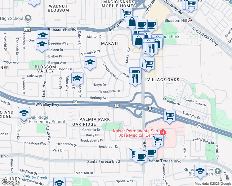 map of restaurants, bars, coffee shops, grocery stores, and more near 5868 Pentz Way in San Jose