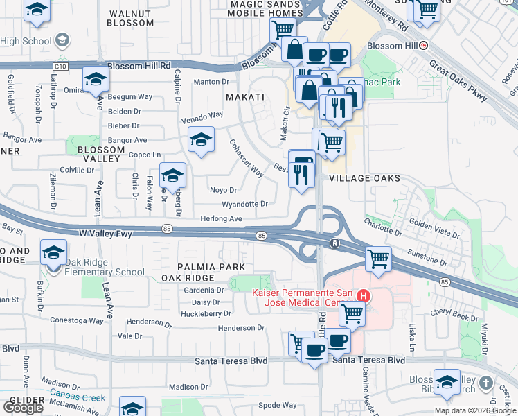 map of restaurants, bars, coffee shops, grocery stores, and more near 5868 Pentz Way in San Jose
