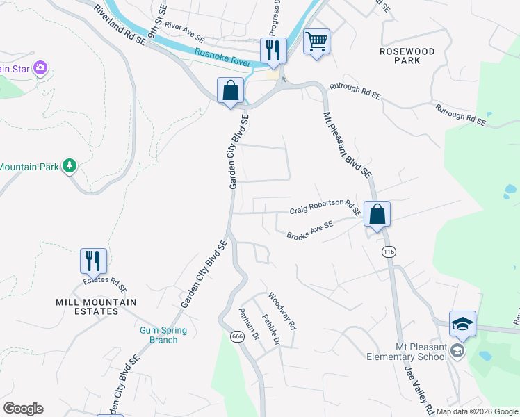 map of restaurants, bars, coffee shops, grocery stores, and more near 1348 Gillette Avenue Southeast in Roanoke