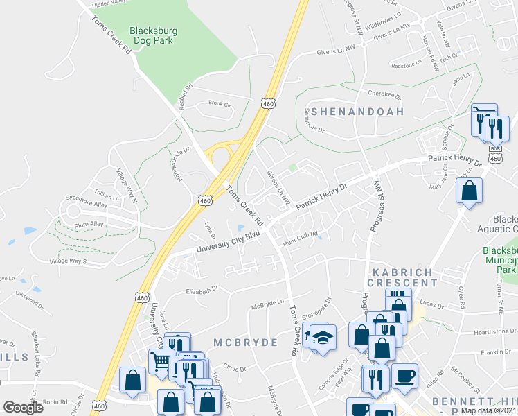 map of restaurants, bars, coffee shops, grocery stores, and more near 505 Sunridge Drive in Blacksburg