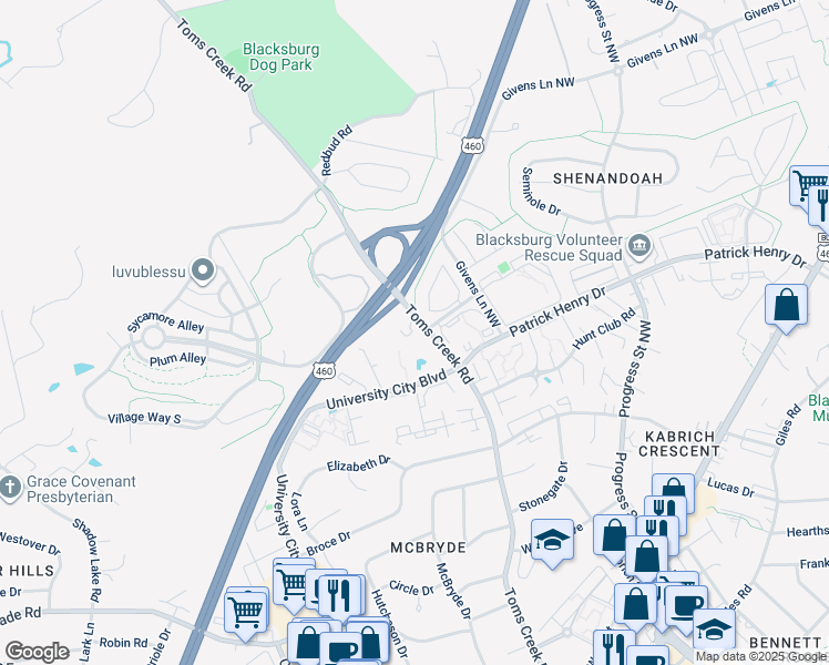 map of restaurants, bars, coffee shops, grocery stores, and more near in Blacksburg