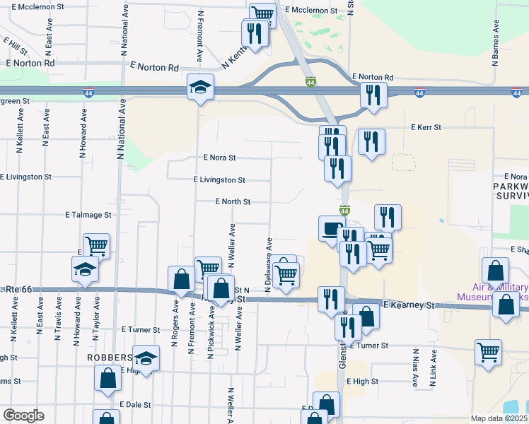 map of restaurants, bars, coffee shops, grocery stores, and more near 2639 North Delaware Avenue in Springfield