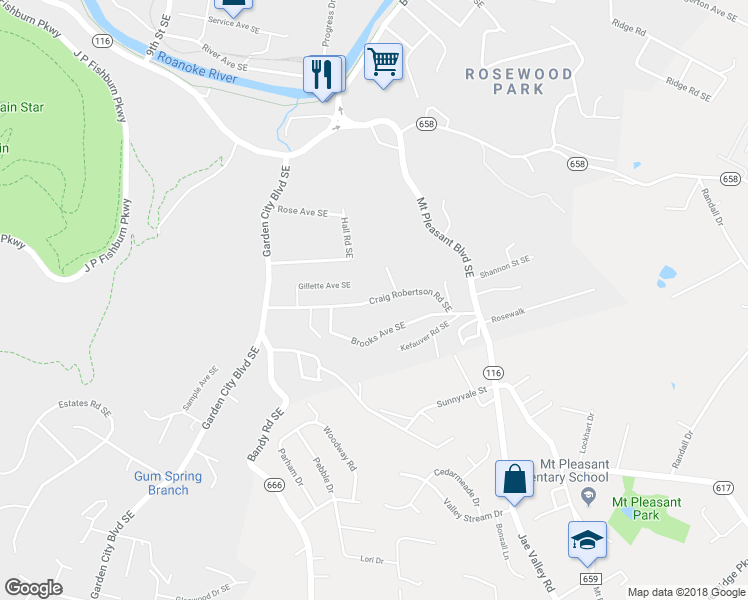 map of restaurants, bars, coffee shops, grocery stores, and more near 1418 Craig Robertson Road Southeast in Roanoke