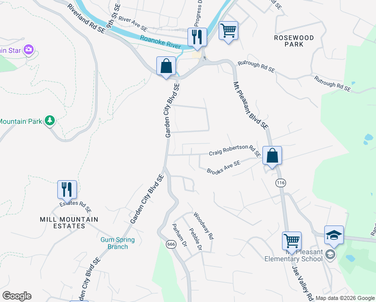 map of restaurants, bars, coffee shops, grocery stores, and more near 1348 Gillette Avenue Southeast in Roanoke