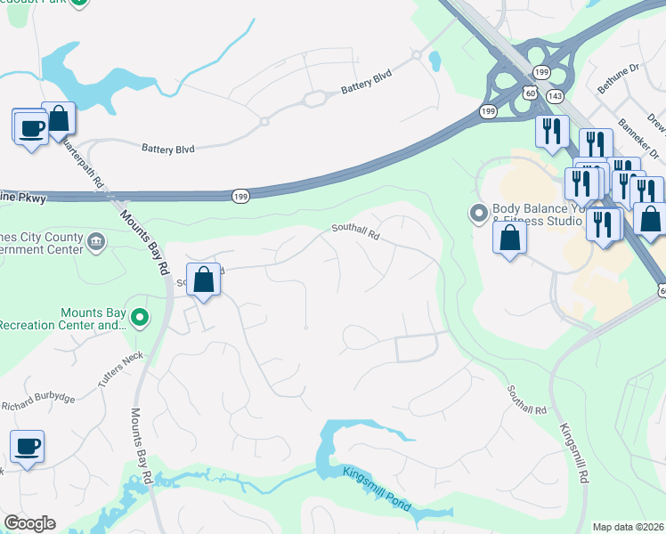 map of restaurants, bars, coffee shops, grocery stores, and more near 109 Jerdone Rd in Williamsburg