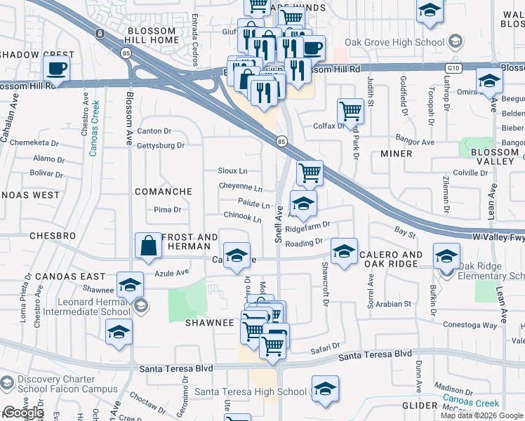 map of restaurants, bars, coffee shops, grocery stores, and more near 479 Paiute Lane in San Jose