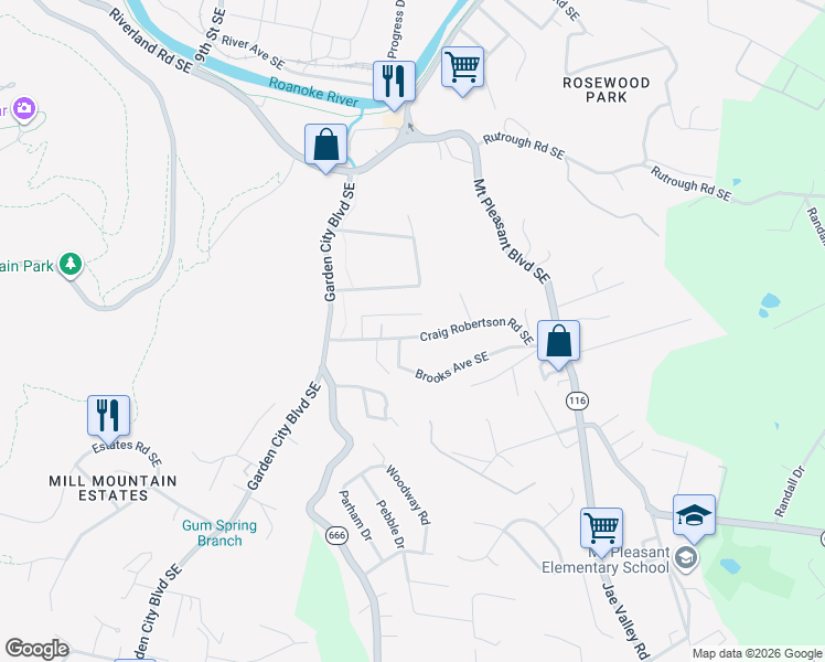 map of restaurants, bars, coffee shops, grocery stores, and more near 1384 Gillette Avenue Southeast in Roanoke