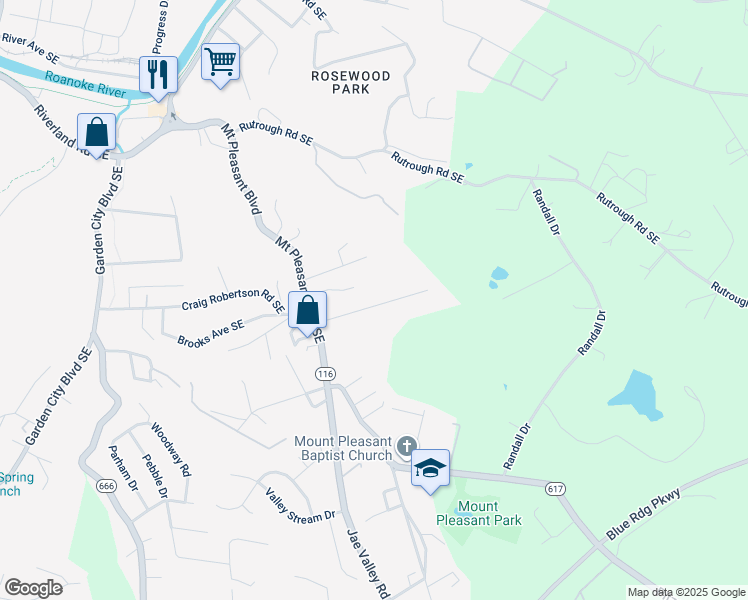 map of restaurants, bars, coffee shops, grocery stores, and more near 1544 Rosewalk in Roanoke