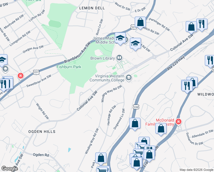 map of restaurants, bars, coffee shops, grocery stores, and more near 3108 Colonial Avenue Southwest in Roanoke