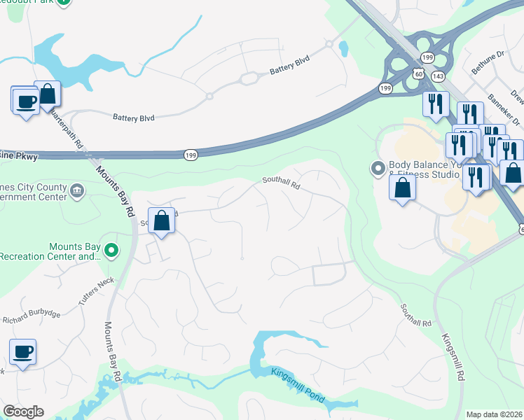 map of restaurants, bars, coffee shops, grocery stores, and more near 109 Jerdone Rd in Williamsburg