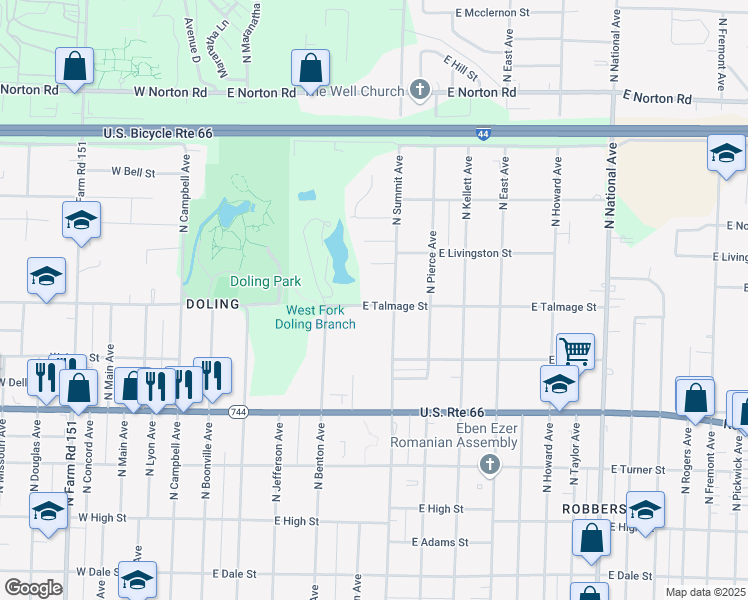 map of restaurants, bars, coffee shops, grocery stores, and more near 619 East Talmage Street in Springfield