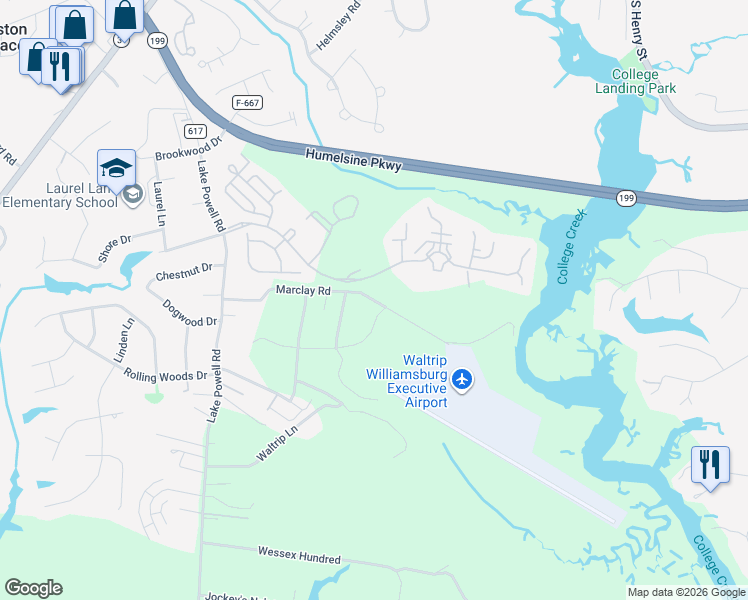 map of restaurants, bars, coffee shops, grocery stores, and more near 113 Marclay Drive in Williamsburg