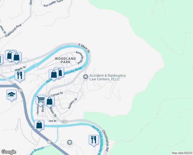 map of restaurants, bars, coffee shops, grocery stores, and more near Grant Combs Lane in Hazard