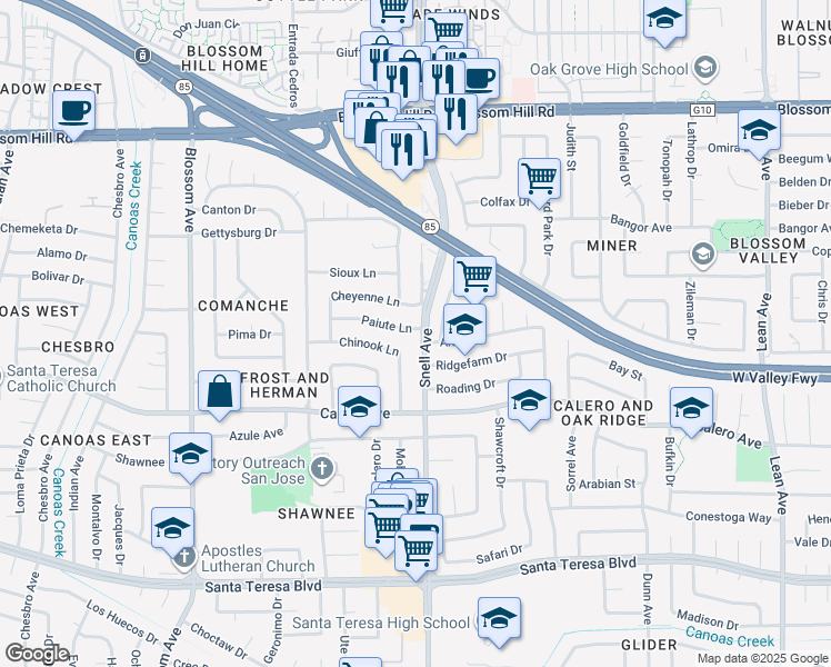 map of restaurants, bars, coffee shops, grocery stores, and more near 5801 Snell Avenue in San Jose