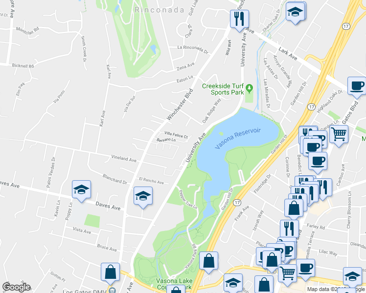 map of restaurants, bars, coffee shops, grocery stores, and more near 137 Bersano Lane in Los Gatos